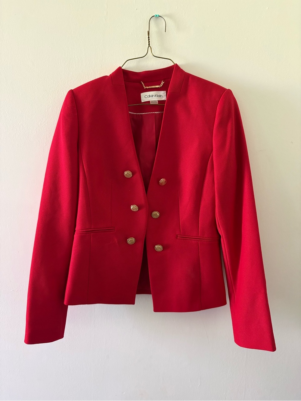 Calvin Klein Women's Bright Red Double-Breasted Collarless Blazer